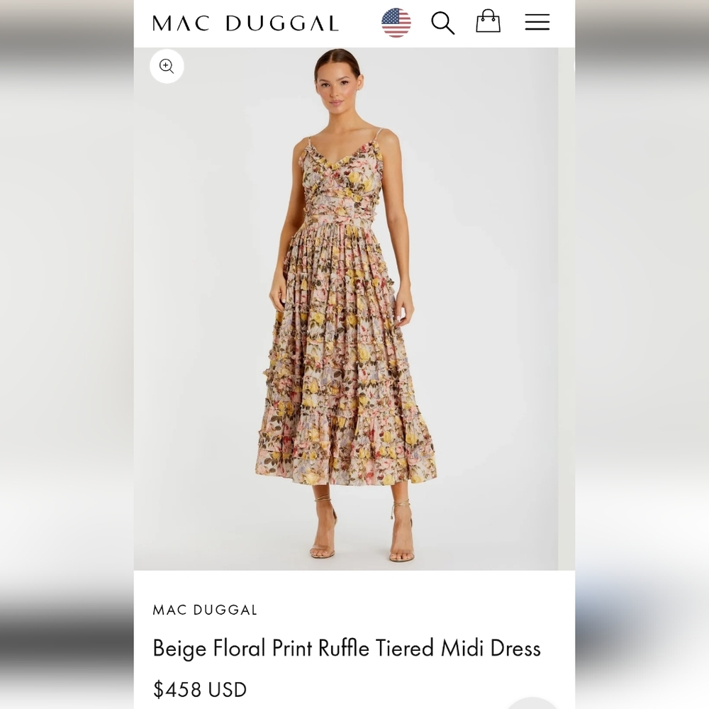 Mac Duggal Beige Floral Print Tiered Midi Dress